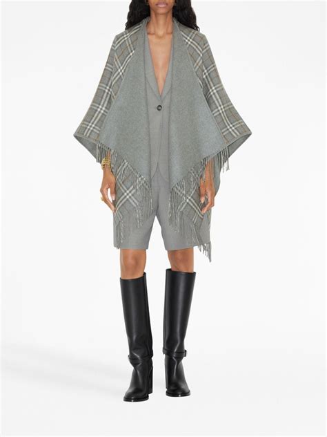 Check Wool Reversible Cape in Grey 